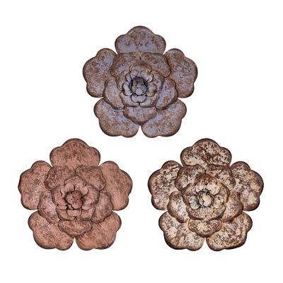 Contemporary Home Living Set of 3 Rustic Metal Flowers Wall Decoration 8"