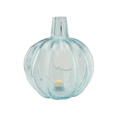 Northlight 9" Transparent Blue Glass Pumpkin Pillar Candle Holder