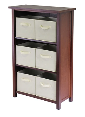Contemporary Home Living 42.75” Brown and Beige Three Section Storage Shelf with Six Foldable Fabric Basket