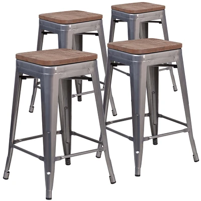 Merrick Lane Set of 4 Hamburg 24 Inch Tall Clear Coated Metal Bar Counter Stool With Textured Elm Wood Seat