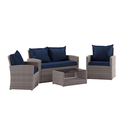 Merrick Lane Atlas 4 Piece Patio Set Contemporary Loveseat, 2 Chair and Coffee Table Set with Back Pillows and Seat Cushions