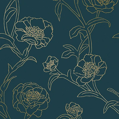Tempaper & Co. Peonies Peacock Blue & Gold Peel and Stick Wallpaper