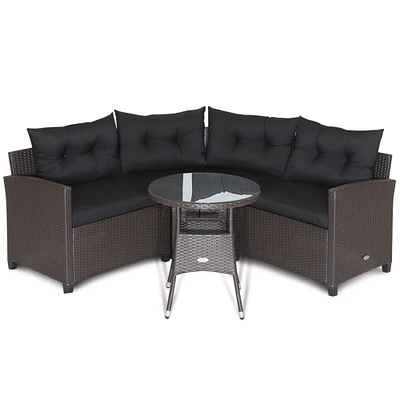 Gymax 4PCS Wicker Patio Sofa Set Rattan Outdoor Furniture Set w/ Black Cushions