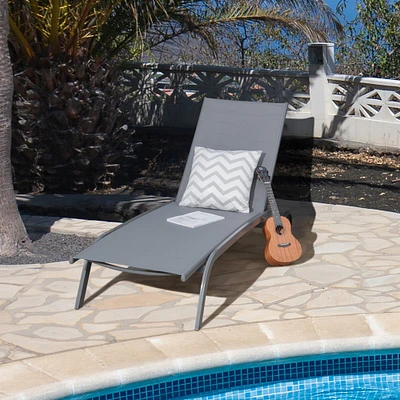 Gymax Outdoor Chaise Lounge Chair Adjustable Patio Recliner w/ Wheels Grey