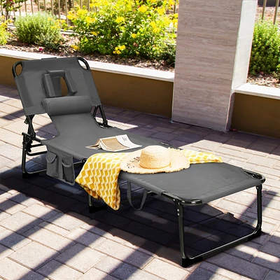 Gymax Portable Beach Chaise Lounge Chair Folding Reclining Chair w/ Facing Hole