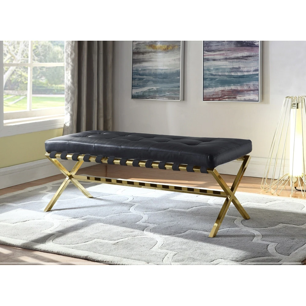 Iconic Home Mera PU Leather Modern Contemporary Tufted Seating Goldtone Metal Leg Bench