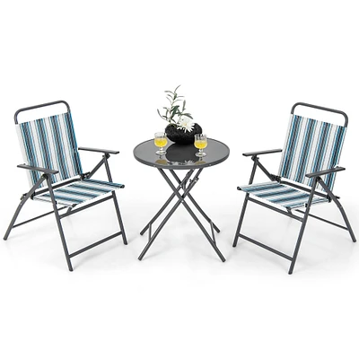 Gymax 3 Pieces Patio Folding Chair Set w/ 2 Chairs and Glass Round Coffee Table Porch Deck Backyard