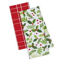 Contemporary Home Living Set of 2 Green and Red Boughs Of Holly Dishtowels 28"