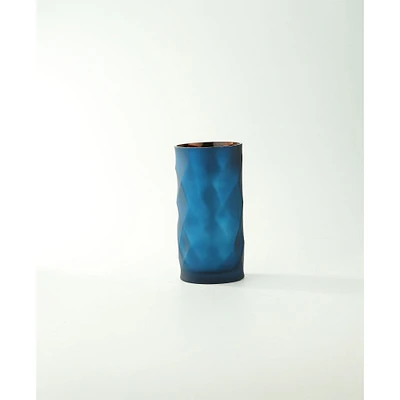 CC Home Furnishings 8" Blue Geometric Faceted Decorative Glass Cylindrical Vase