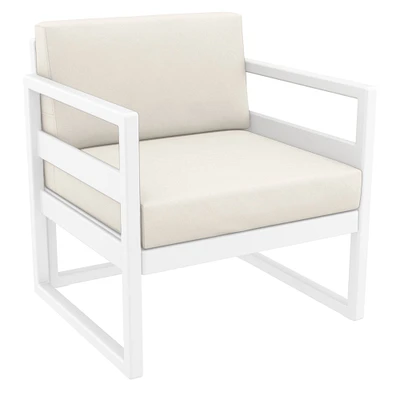 Luxury Commercial Living 30" White Outdoor Patio Club Armchair with Sunbrella Natural Beige Cushion
