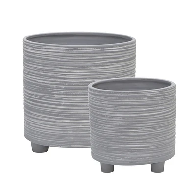 Kingston Living Set of 2 Gray Footed Ceramic Outdoor Planters with Lines 8"