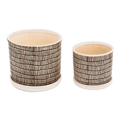 Kingston Living Set of 2 Beige and Brown Cylindrical Ceramic Outdoor Planters with Saucers 8"