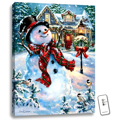 Glow Decor 24" x 18" White and Red Christmas Snowman Back-lit Wall Art with Remote Control