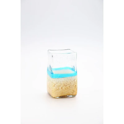 CC Home Furnishings 7.5" Clear and Blue Printed Beach Design Square Glass Vase