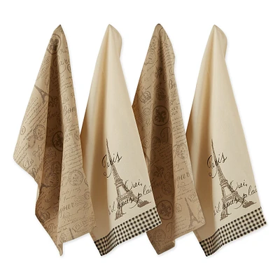 Contemporary Home Living Set of 4 Beige and Brown Paris Inspired Rectangular Dish Towels 28"