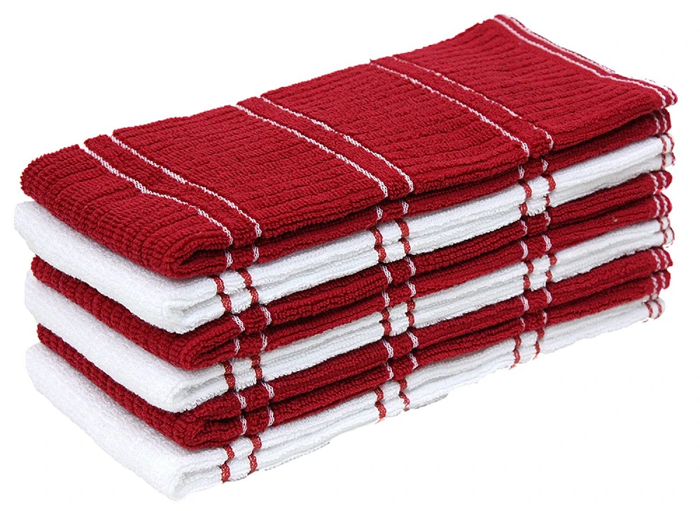 Contemporary Home Living Set of 6 Red and White Ribbed Terry Dishtowels Kitchen Decor 26"