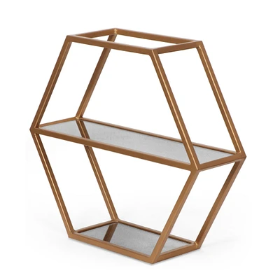 GDFStudio Mohaven Modern Glam Handcrafted Glass 2 Shelf Hexagonal Decorative Shelf, Antique Gold