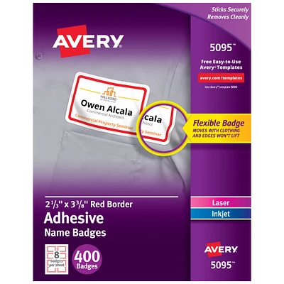 Avery Flexible Printable Name Tags, 2-1/3" x 3-3/8", White with Red Border, 400 Removable Name Badges (05095)