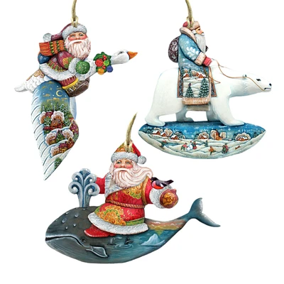 Designocracy Set of 3 Santa Claus Animals Travel Ride Wooden Christmas Ornaments 5.5"
