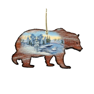 Designocracy Set of 2 Snowy Grizzly Bear Wooden Christmas Ornaments 5.5"