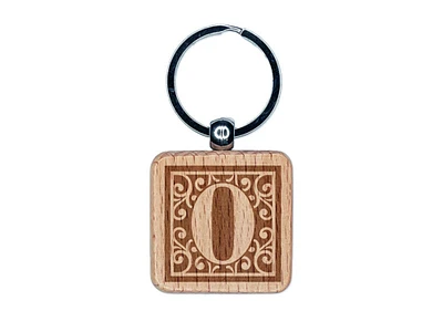 Monogram Swirls Number 0 Zero Engraved Wood Square Keychain Tag Charm
