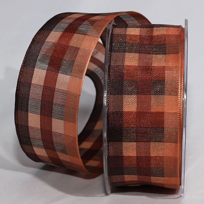 The Ribbon People Brown and Cantaloupe Orange Plaid Wired Craft Ribbon 1.5" x 50 Yards