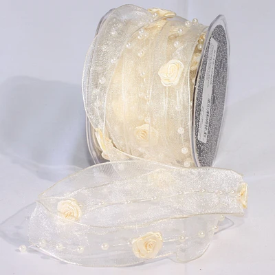 The Ribbon People Ivory Organdy Roses and Pearls Wired Craft Ribbon 1" x 20 Yards