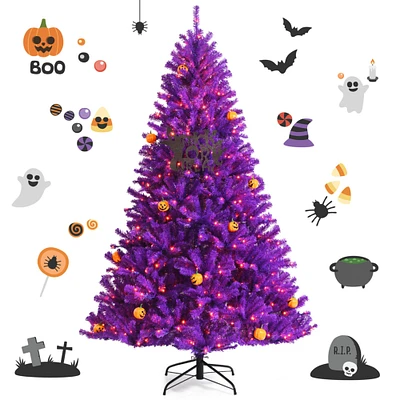 Gymax 5/6/7 FT Pre-lit Purple Artificial Christmas Halloween Tree w/ Mini Pumpkins