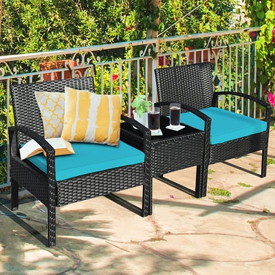 Gymax 3PCS Patio Rattan Conversation Furniture Set Outdoor Yard w/ Turquoise Cushions