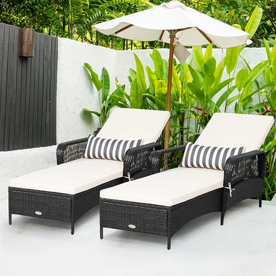 Gymax Set of 2 Adjustable Patio Rattan Lounge Chair Chaise Recliner w/ Cushion and Pillow