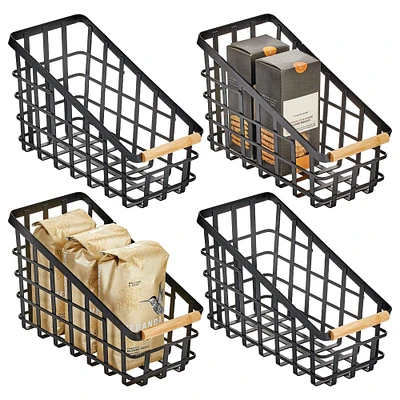 mDesign Slim 6" Slanted Metal Kitchen Bin Basket, Wood Handle