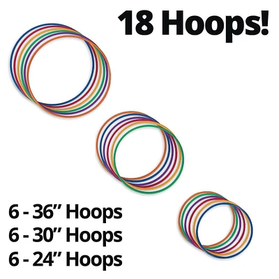 S&S Worldwide No-Knott Hoops Easy Pack. Heavy Duty, Institutional Quality Hoops for Hula, Exercise, Games, PE and More. Assorted Colored Hoops, 6 each in 24", 30" and 36". Pack of 18.