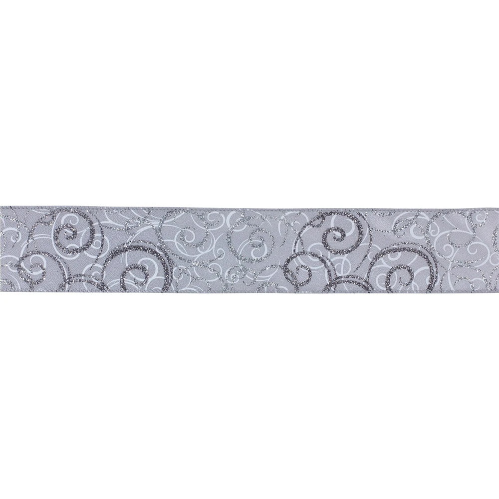 Melrose Gray and Silver Glittered Swirl Wired Craft Christmas Ribbon 2.5" x 20 Yards