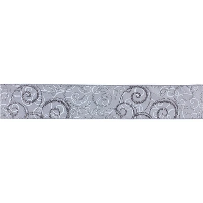 Melrose Gray and Silver Glittered Swirl Wired Craft Christmas Ribbon 2.5" x 20 Yards