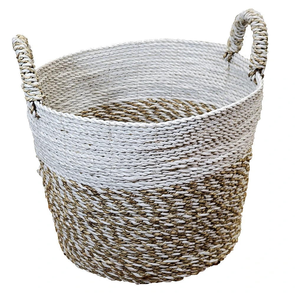 Stoneage Arts Inc 10" White, Gray, and Beige Seagrass and Raffia Basket Handcrafted with Genuine Human Touch