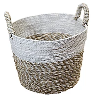 Stoneage Arts Inc 10" White, Gray, and Beige Seagrass and Raffia Basket Handcrafted with Genuine Human Touch