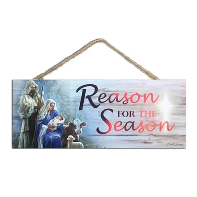 Glow Decor Red and Blue Reason for the Season Christmas Rectangular Sign with Rope Hanger 4" x 10"