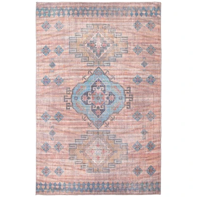 Chaudhary Living 7.5' x 10' Orange and Blue Geometric Medallion Pattern Rectangular Area Throw Rug