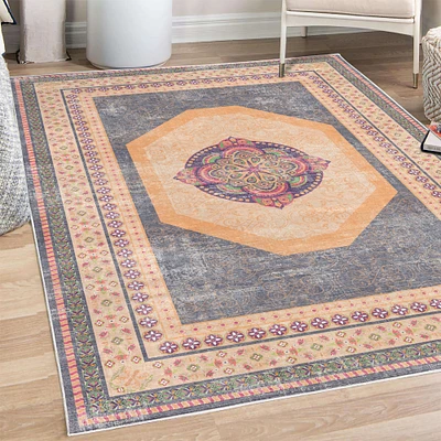 Ambesonne Bohemian Decorative Rug, Mandala Like Floral Medallion Motif Geometric Forms and Spring Flowers Art, Quality Carpet for Bedroom Dorm and Living Room, Peach and Purple