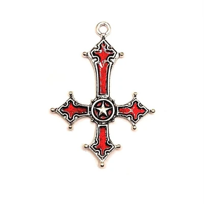 1, 4 or 20 Pieces: Antique Silver and Red Enamel Inverted Cross Pendants