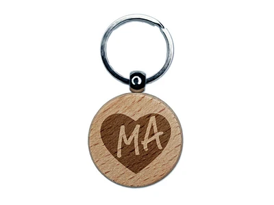 MA Massachusetts State in Heart Engraved Wood Round Keychain Tag Charm