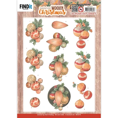 Find It Trading Jeanine's Art 3D Push Out Sheet-Orange Baubles, Wooden Christmas
