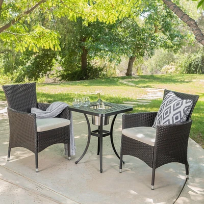 GDFStudio Ariel Outdoor 3Pc Wicker Bistro Set with Water Resistant Cushions