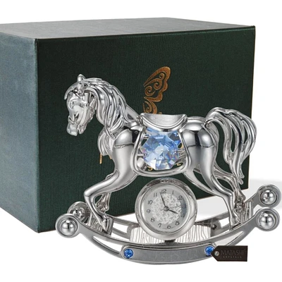 Matashi Chrome Plated Crystal Studded Silver Rocking Horse Desk Clock Ornament by