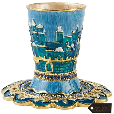 Matashi   Hand-Painted Enamel 3.3 Tall  Kiddush Cup Set and Tray w Crystals and Jerusalem Cityscape Design Goblet, Judaica
