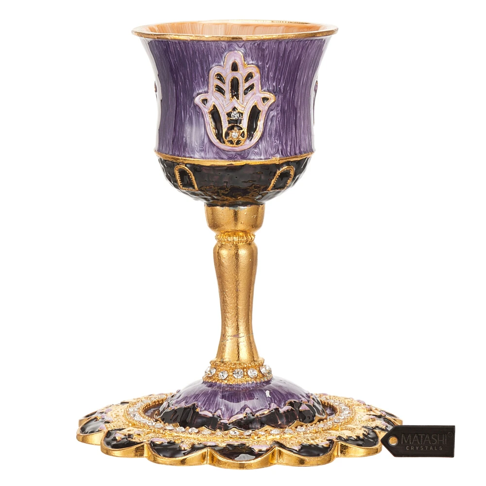 Matashi   Hand-Painted Enamel Tall Kiddush Cup Set w Stem and Tray w Crystals and Hamsa Design Passover Goblet, Judaica