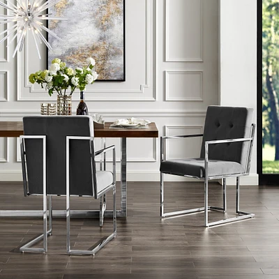 Inspired Home Cecille PU Leather or Velvet Dining Chair-Set of 2-Chrome-Gold Frame-Square Arm-Button Tufted-Modern and Functional by