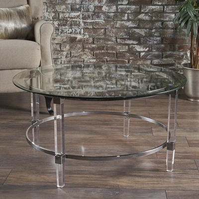 GDFStudio Lynn Modern Round Tempered Glass Coffee Table with Acrylic and Iron Accents