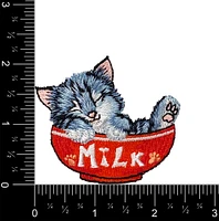 Cat in Red Milk Bowl, Pets, Kitten, Embroidered, Iron on Patch