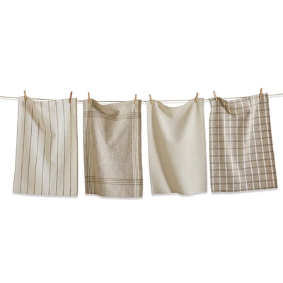 Set of 4 Canyon Woven Beige Neutrals Cotton   Kitchen Dishtowels Assorted Prints and Plaids 26L x 18W in.